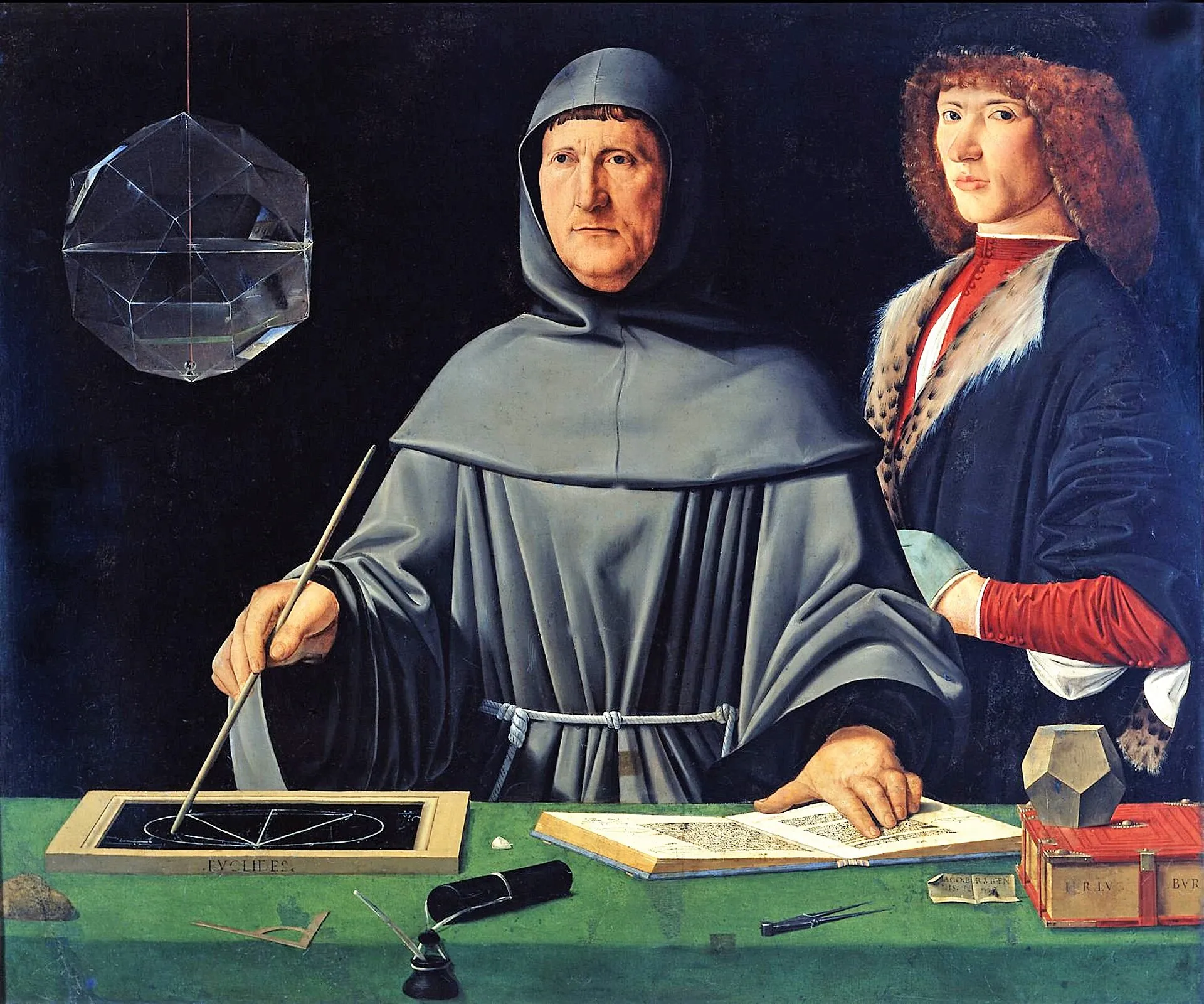 Retrato de Luca Pacioli ante una mesa con libros e instrumentos de geometría